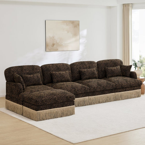 English Elm 131"comfy Chenille Leopard Print Sectional Sofa with Tassel Trim and Modular Ottoman W5656S00017