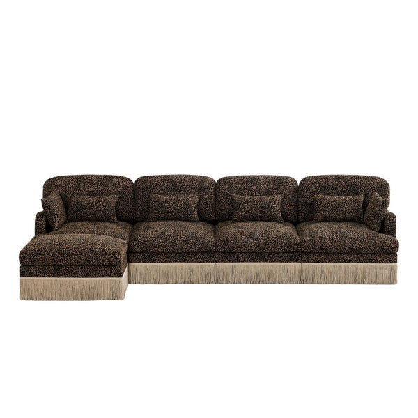 English Elm 131"comfy Chenille Leopard Print Sectional Sofa with Tassel Trim and Modular Ottoman W5656S00017