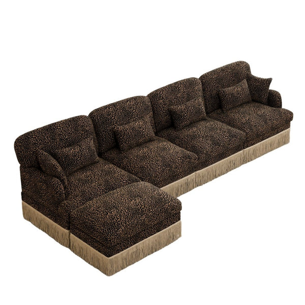 English Elm 131"comfy Chenille Leopard Print Sectional Sofa with Tassel Trim and Modular Ottoman W5656S00017