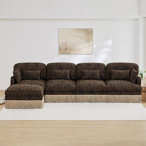 English Elm 131"comfy Chenille Leopard Print Sectional Sofa with Tassel Trim and Modular Ottoman W5656S00017