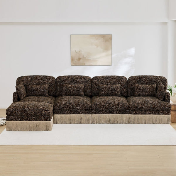 English Elm 131"comfy Chenille Leopard Print Sectional Sofa with Tassel Trim and Modular Ottoman W5656S00017