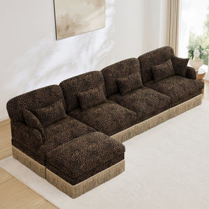 English Elm 131"comfy Chenille Leopard Print Sectional Sofa with Tassel Trim and Modular Ottoman W5656S00017