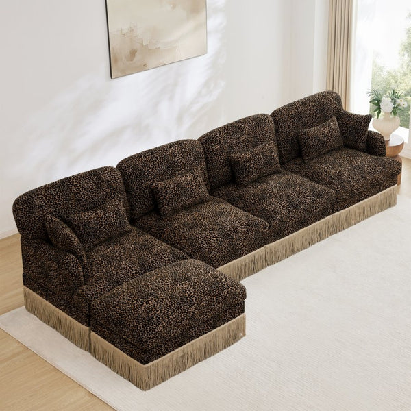 English Elm 131"comfy Chenille Leopard Print Sectional Sofa with Tassel Trim and Modular Ottoman W5656S00017