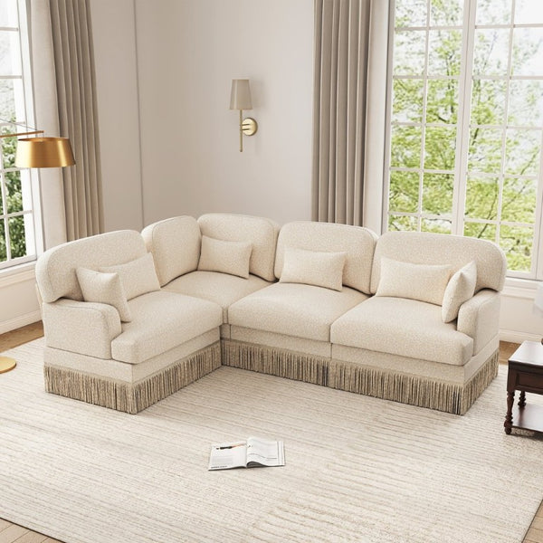 English Elm Large Leopard Chenille Modular Sectional Sofa with Tassel Trim and Six Accent Pillows W5656S00113