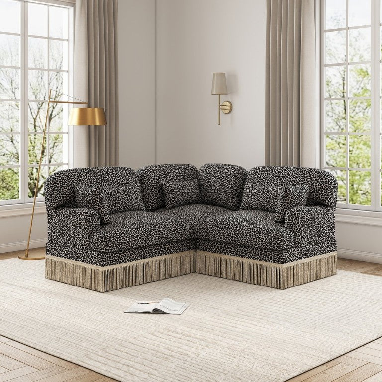 English Elm Large U Shaped Chenille Sectional Sofa with Tassel Trim Movable Ottoman and Lumbar Pillows Khaki Black W5656S00116