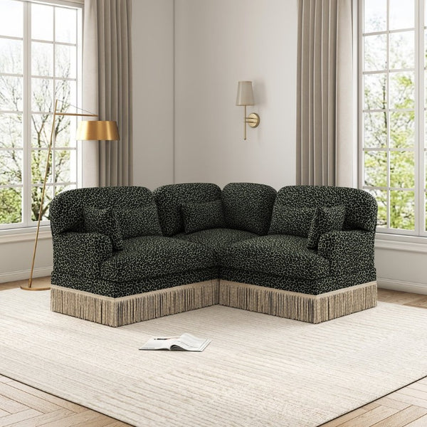 English Elm 3 Seat L Shaped Sectional Sofa Leopard Chenille Upholstery with Tassel Trim Boho W5656S00117