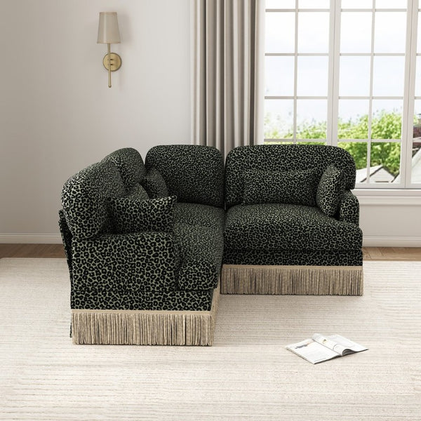 English Elm 3 Seat L Shaped Sectional Sofa Leopard Chenille Upholstery with Tassel Trim Boho W5656S00117