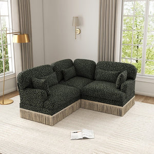 English Elm 3 Seat L Shaped Sectional Sofa Leopard Chenille Upholstery with Tassel Trim Boho W5656S00117