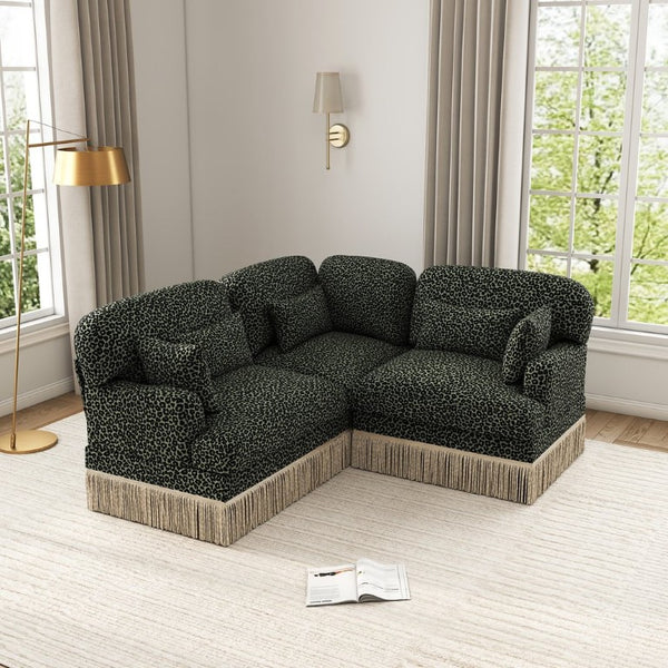 English Elm 3 Seat L Shaped Sectional Sofa Leopard Chenille Upholstery with Tassel Trim Boho W5656S00117