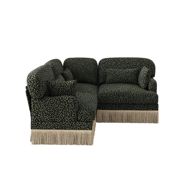 English Elm 3 Seat L Shaped Sectional Sofa Leopard Chenille Upholstery with Tassel Trim Boho W5656S00117