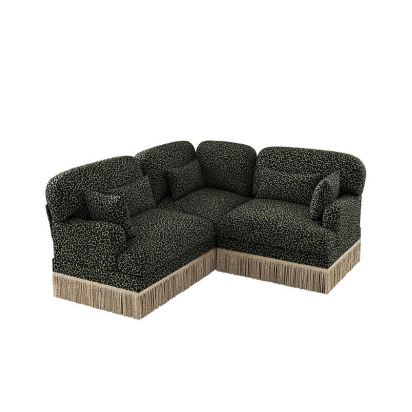 English Elm 3 Seat L Shaped Sectional Sofa Leopard Chenille Upholstery with Tassel Trim Boho W5656S00117
