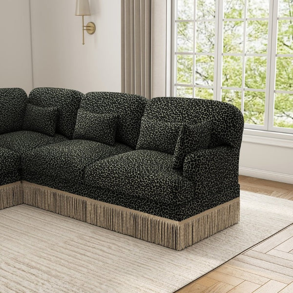 English Elm 3 Seat L Shaped Sectional Sofa Leopard Chenille Upholstery with Tassel Trim Boho W5656S00117