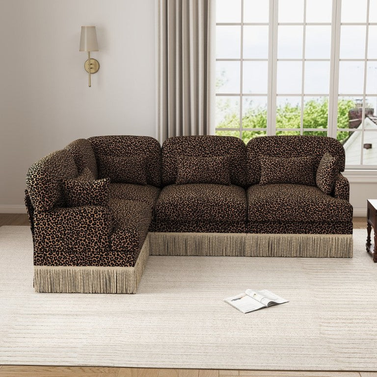 English Elm Large Modular Chenille Sectional Sofa with Leopard Print Tassel Trim and Lumbar Pillows W5656S00121