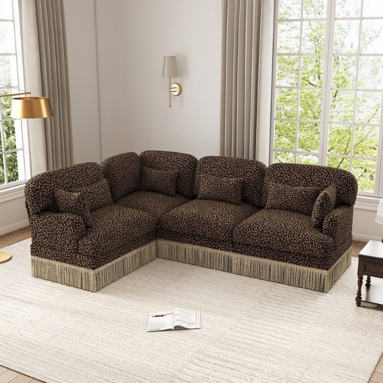 English Elm Large Modular Chenille Sectional Sofa with Leopard Print Tassel Trim and Lumbar Pillows W5656S00121