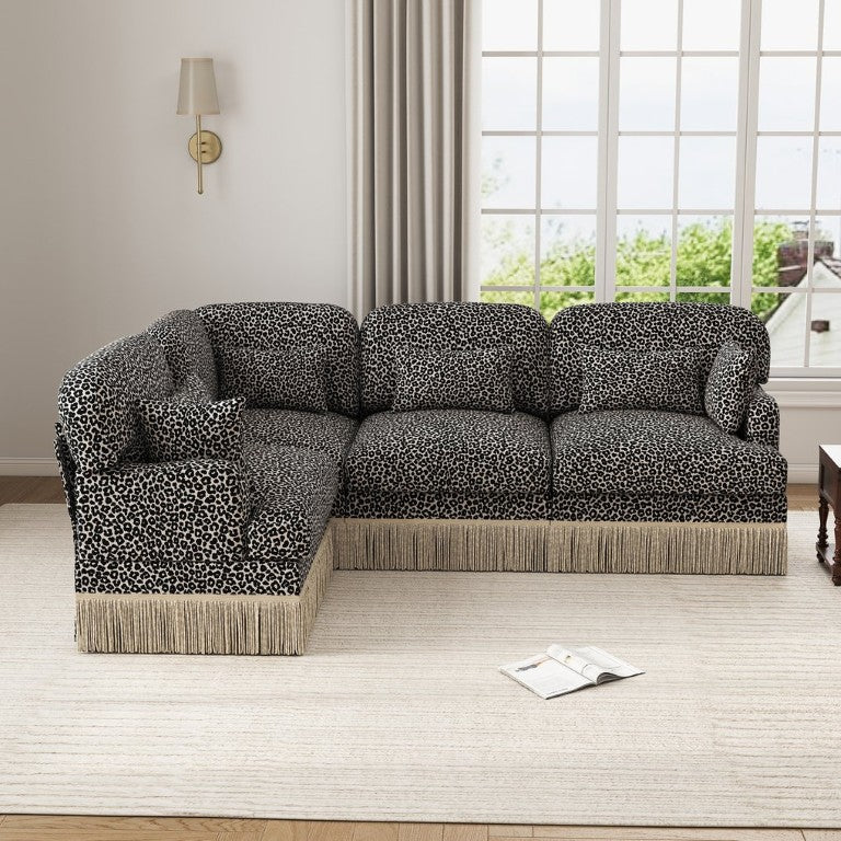 English Elm Large Modular Chenille Sectional Sofa Leopard Print Tassel Trim Eclectic Living Room W5656S00122