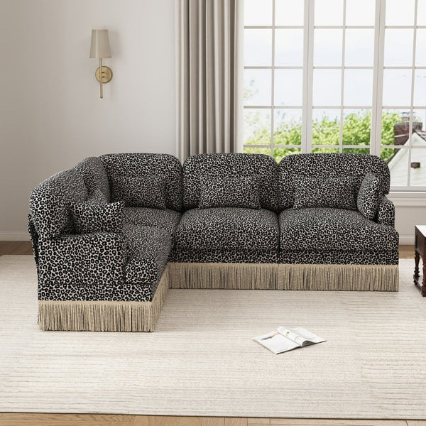 English Elm Large Modular Chenille Sectional Sofa Leopard Print Tassel Trim Eclectic Living Room W5656S00122