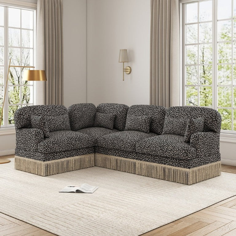 English Elm Large Modular Chenille Sectional Sofa Leopard Print Tassel Trim Eclectic Living Room W5656S00122