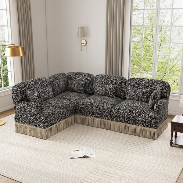 English Elm Large Modular Chenille Sectional Sofa Leopard Print Tassel Trim Eclectic Living Room W5656S00122