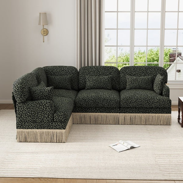 English Elm Large Modular Chenille Sectional with Tassel Trim Plush Leopard Print Living Room Sofa W5656S00123