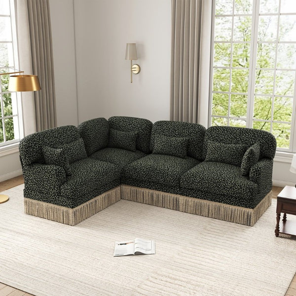 English Elm Large Modular Chenille Sectional with Tassel Trim Plush Leopard Print Living Room Sofa W5656S00123