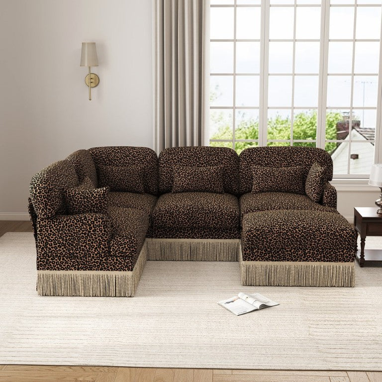 English Elm Large Modular U Shaped Sectional Sofa Leopard Chenille with Tassel Trim and Ottoman W5656S00124