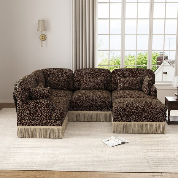 English Elm Large Modular U Shaped Sectional Sofa Leopard Chenille with Tassel Trim and Ottoman W5656S00124