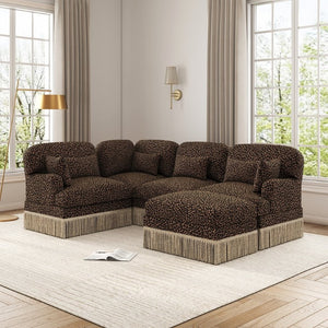 English Elm Large Modular U Shaped Sectional Sofa Leopard Chenille with Tassel Trim and Ottoman W5656S00124