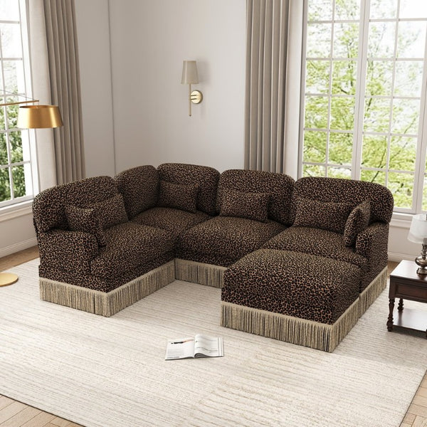 English Elm Large Modular U Shaped Sectional Sofa Leopard Chenille with Tassel Trim and Ottoman W5656S00124