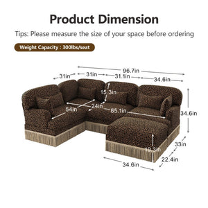 English Elm Large Modular U Shaped Sectional Sofa Leopard Chenille with Tassel Trim and Ottoman W5656S00124