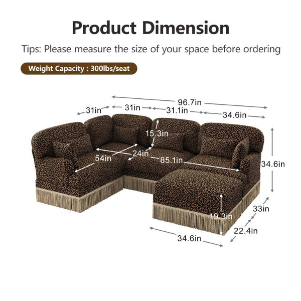 English Elm Large Modular U Shaped Sectional Sofa Leopard Chenille with Tassel Trim and Ottoman W5656S00124