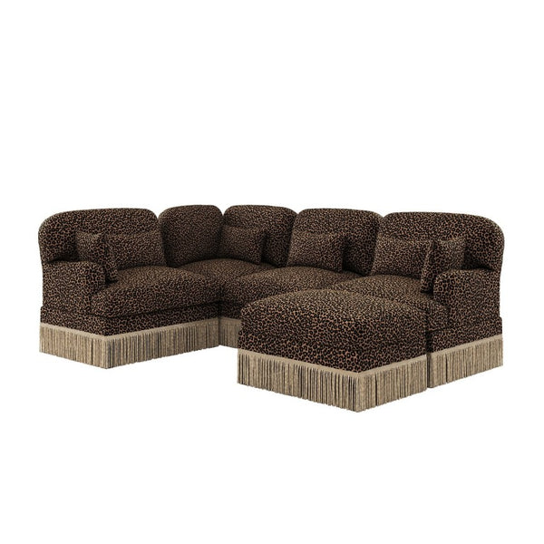 English Elm Large Modular U Shaped Sectional Sofa Leopard Chenille with Tassel Trim and Ottoman W5656S00124