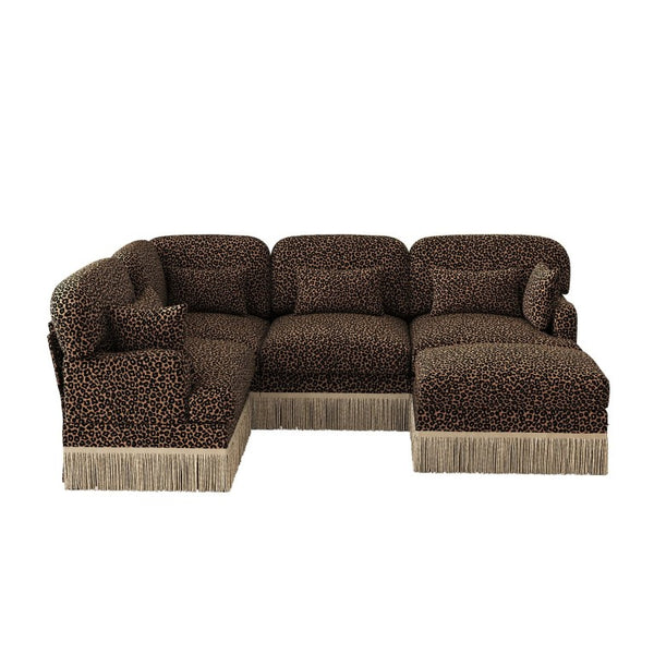 English Elm Large Modular U Shaped Sectional Sofa Leopard Chenille with Tassel Trim and Ottoman W5656S00124