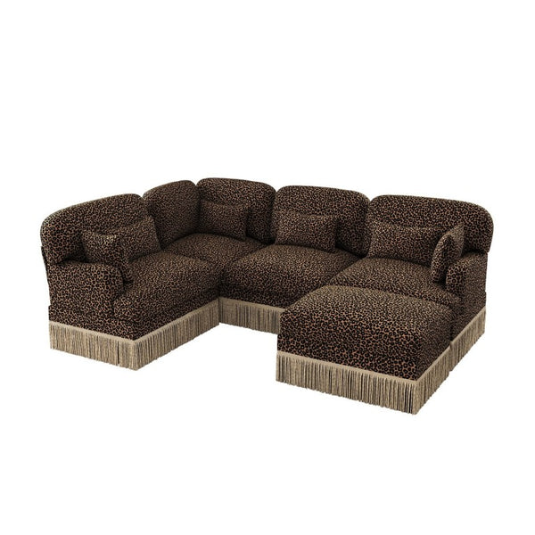 English Elm Large Modular U Shaped Sectional Sofa Leopard Chenille with Tassel Trim and Ottoman W5656S00124