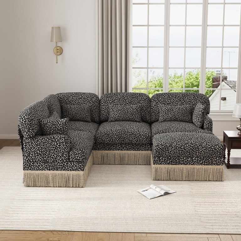 English Elm Large Leopard Chenille U-Shaped Sectional Sofa with Modular Ottoman and Tassel Trim W5656S00125