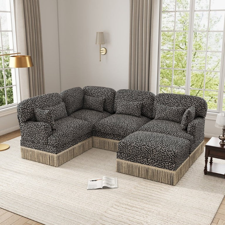 English Elm Large Leopard Chenille U-Shaped Sectional Sofa with Modular Ottoman and Tassel Trim W5656S00125