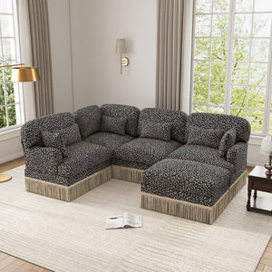 English Elm Large Leopard Chenille U-Shaped Sectional Sofa with Modular Ottoman and Tassel Trim W5656S00125
