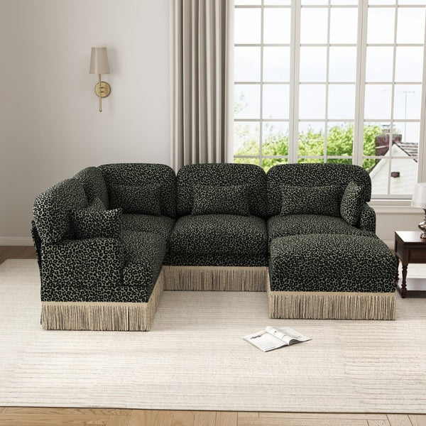 English Elm Large Chenille U-Shaped Sectional with Leopard Print Tassel Trim and Modular Ottoman W5656S00126