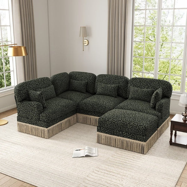English Elm Large Chenille U-Shaped Sectional with Leopard Print Tassel Trim and Modular Ottoman W5656S00126