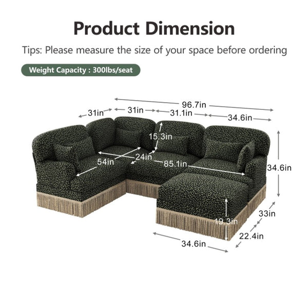 English Elm Large Chenille U-Shaped Sectional with Leopard Print Tassel Trim and Modular Ottoman W5656S00126