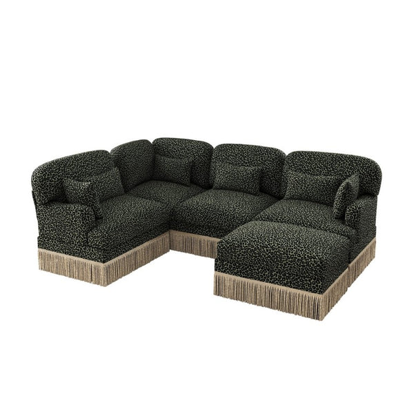 English Elm Large Chenille U-Shaped Sectional with Leopard Print Tassel Trim and Modular Ottoman W5656S00126
