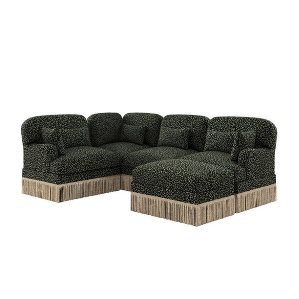 English Elm Large Chenille U-Shaped Sectional with Leopard Print Tassel Trim and Modular Ottoman W5656S00126