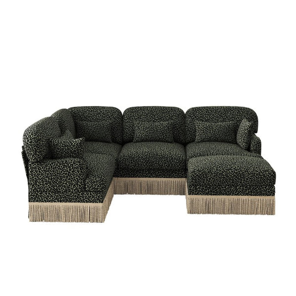 English Elm Large Chenille U-Shaped Sectional with Leopard Print Tassel Trim and Modular Ottoman W5656S00126