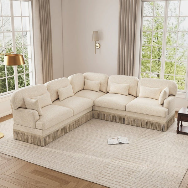 English Elm Large Leopard Chenille Sectional Sofa Modular L Shaped with Tassel Trim and Pillows W5656S00127