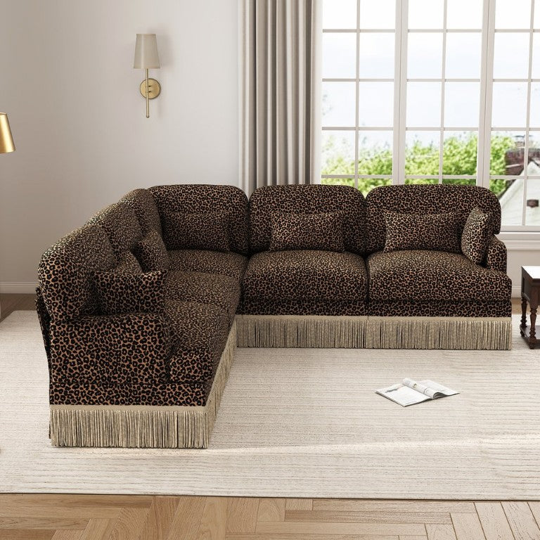 English Elm Large Leopard Chenille Modular Sectional Sofa with Tassel Trim and Lumbar Pillows W5656S00128