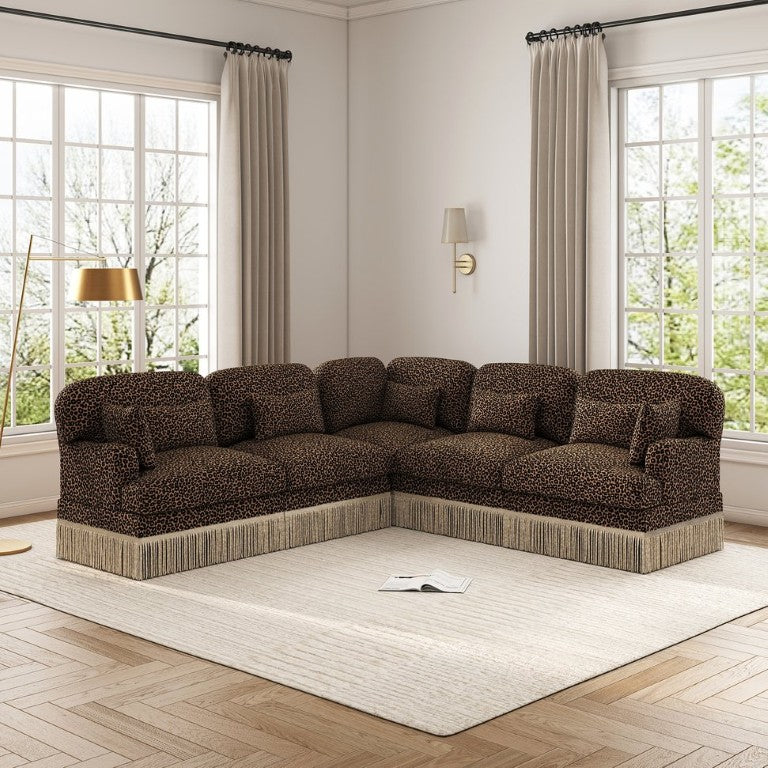 English Elm Large Leopard Chenille Modular Sectional Sofa with Tassel Trim and Lumbar Pillows W5656S00128