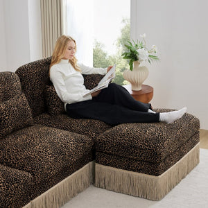 English Elm Large Leopard Chenille Modular Sectional Sofa with Tassel Trim and Lumbar Pillows W5656S00128