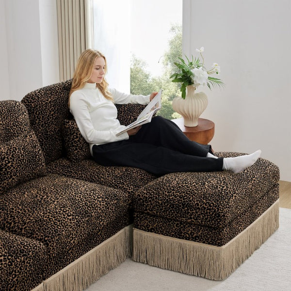 English Elm Large Leopard Chenille Modular Sectional Sofa with Tassel Trim and Lumbar Pillows W5656S00128