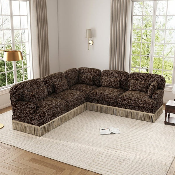 English Elm Large Leopard Chenille Modular Sectional Sofa with Tassel Trim and Lumbar Pillows W5656S00128