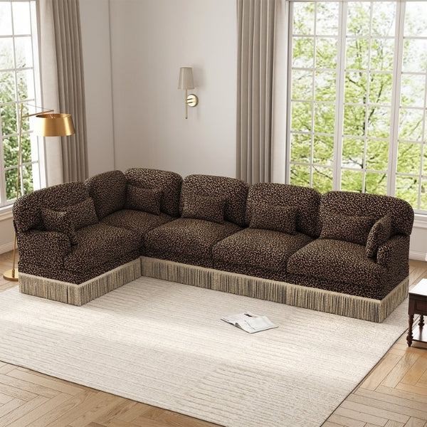 English Elm Large Leopard Chenille Modular Sectional Sofa with Tassel Trim and Lumbar Pillows W5656S00128