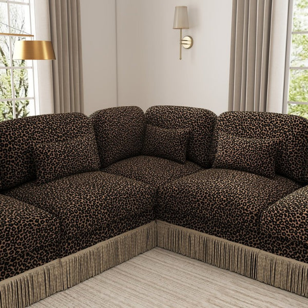 English Elm Large Leopard Chenille Modular Sectional Sofa with Tassel Trim and Lumbar Pillows W5656S00128